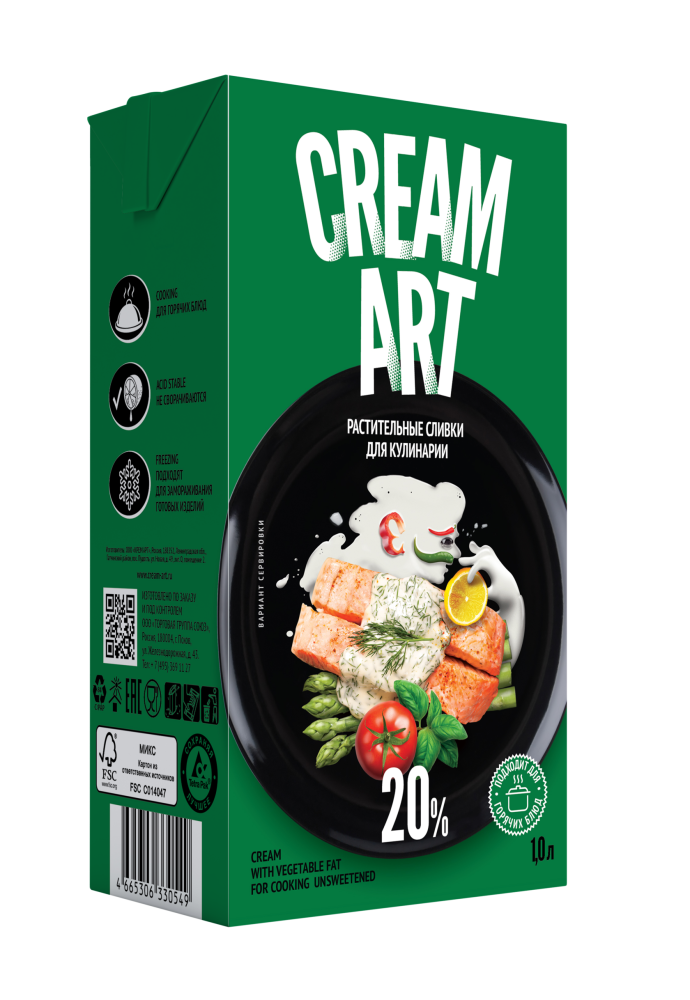 Сливки "CREAM ART" на растительных маслах, жирн. 20% (1л*12шт)  