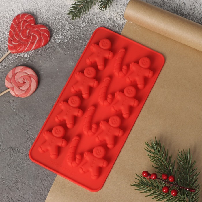 Форма д/льда и шоколада  12 ячеек 3,5х3,5см "Карамельное чудо",(прян.человек и трость) , 3628353