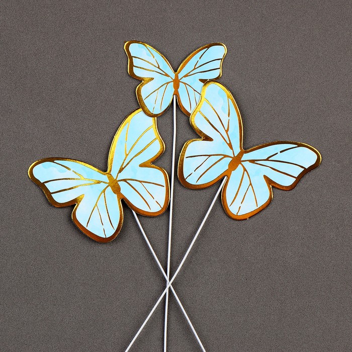 Набор топперов для украшения торта "Бабочки" (голубые,с веточками),9496636