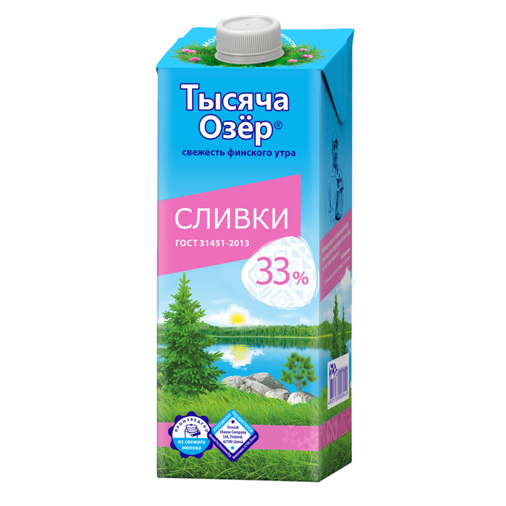 Сливки "ТЫСЯЧА ОЗЕР" 33% (1л.*6 шт)