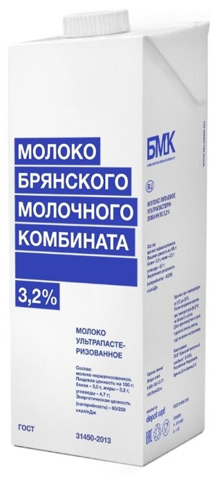 Молоко питьевое ультрапастер. "БМК" жирн.3,2%  (1л*12шт) М