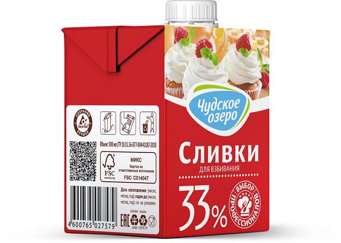 Сливки "ЧУДСКОЕ ОЗЕРО" жирн. 33% 0,5л (12шт) 